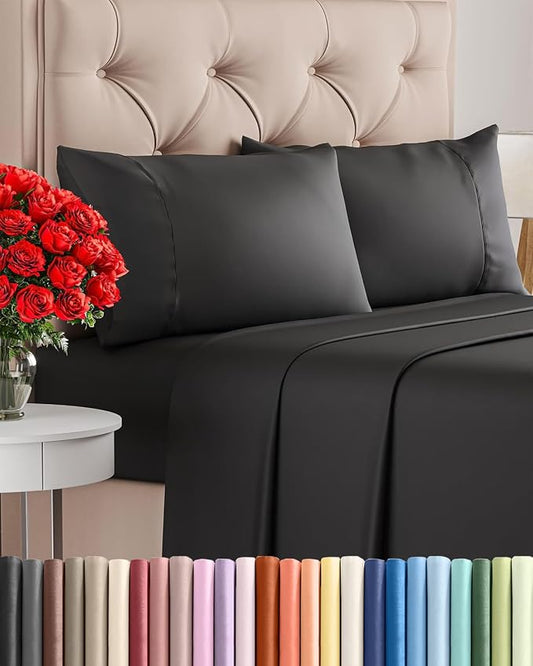 Twin 4 Piece Sheet Set - Comfy Breathable & Cooling - Ultra Soft Hotel Luxury Bedding Set with 8-16 Inch Deep Pockets - 1 Flat & 1 Fitted Sheet & 2 Pillowcases - Cozy, Wrinkle Free & Easy Care - Black