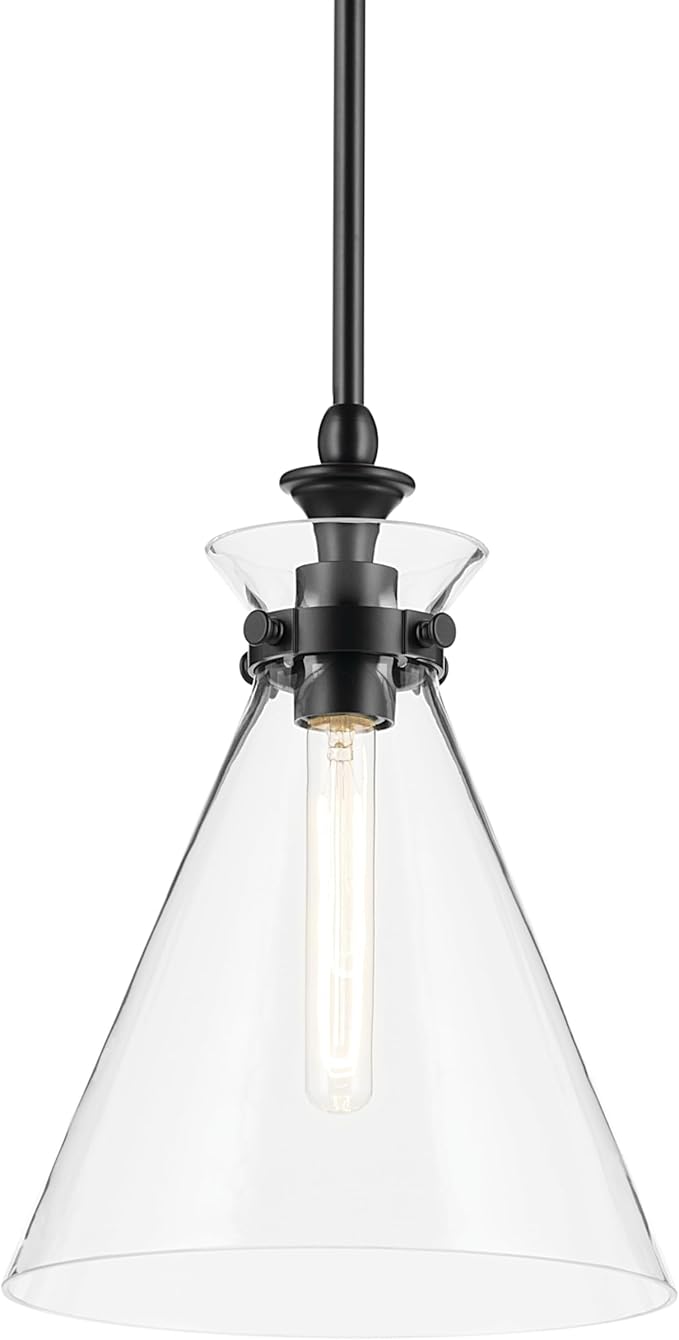 Kichler Laria 1-Light Pendant Light Fixture with Clear Glass, Kitchen Island Hanging Light in Black, Updated Traditional Style for Dining Room (14.5" x 10.5"), 52774BKCLR