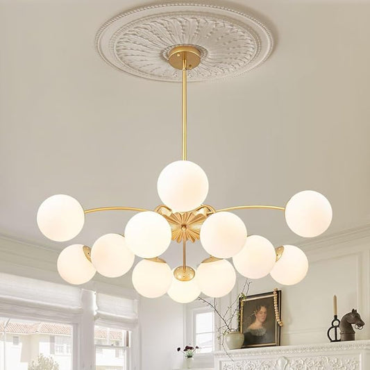 12-Light Milk Glass Pendant Light, 40" Sputnik Bubble Glass Chandelier Light Fixture, Hand Blown Semi Flush Mount Ceiling Chandeliers Lighting for Dining Room, Living Room (Gold, 12-Light Chandelier)