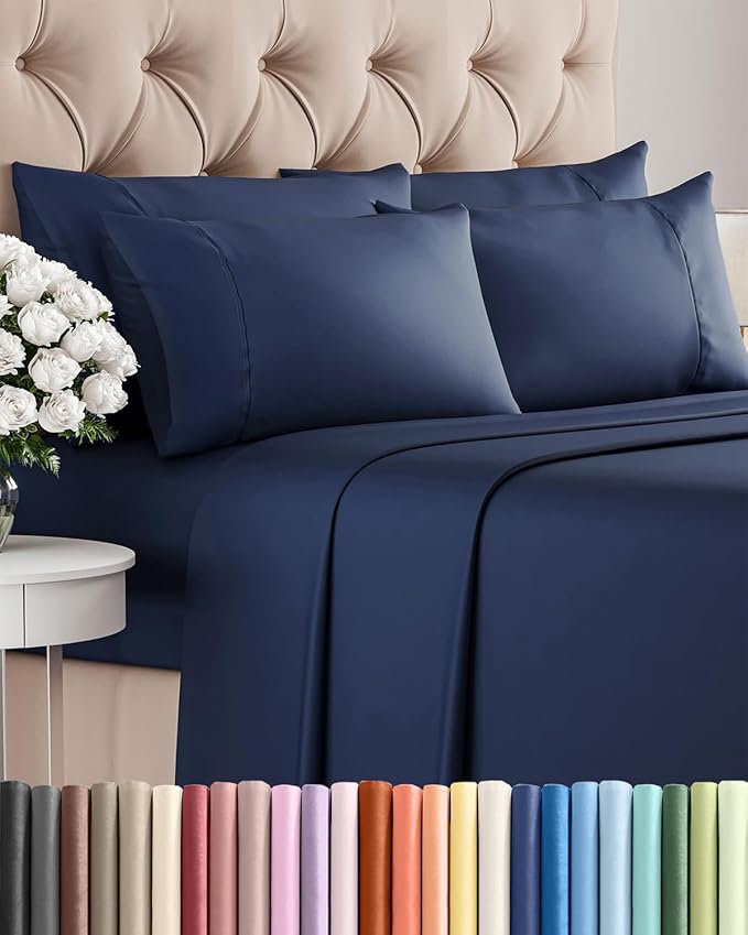 Cal King 6 Piece Sheet Set - Comfy Breathable & Cooling - Ultra Soft Hotel Luxury Bedding Set w/ 8-16 Inch Deep Pockets - 1 Flat & 1 Fitted Sheet & 4 Pillowcases - Wrinkle Free & Easy Care - Navy Blue