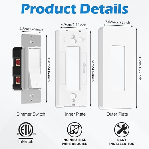 ThunderWay 5 Pack Slide Dimmer Light Switch, Single Pole or 3-Way LED Dimmer Switch, for 300W Dimmable LED/CFL Lights and 700W Incandescent/Halogen, Wall Plate Included, ETL Listed, White