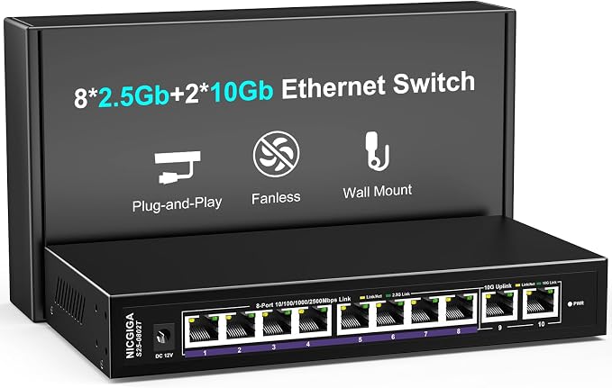 10Gbe Ethernet Switch Unmanaged with 2 x 10Gb RJ45 Ports + 8 x 2.5Gb Base-T Ports, Desktop/Wall Mount NICGIGA 10 Port 10Gbps Network Switch for Wireless AP, NAS, PC