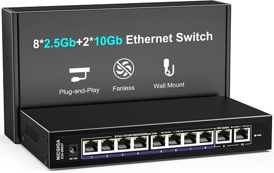 10Gbe Ethernet Switch Unmanaged with 2 x 10Gb RJ45 Ports + 8 x 2.5Gb Base-T Ports, Desktop/Wall Mount NICGIGA 10 Port 10Gbps Network Switch for Wireless AP, NAS, PC