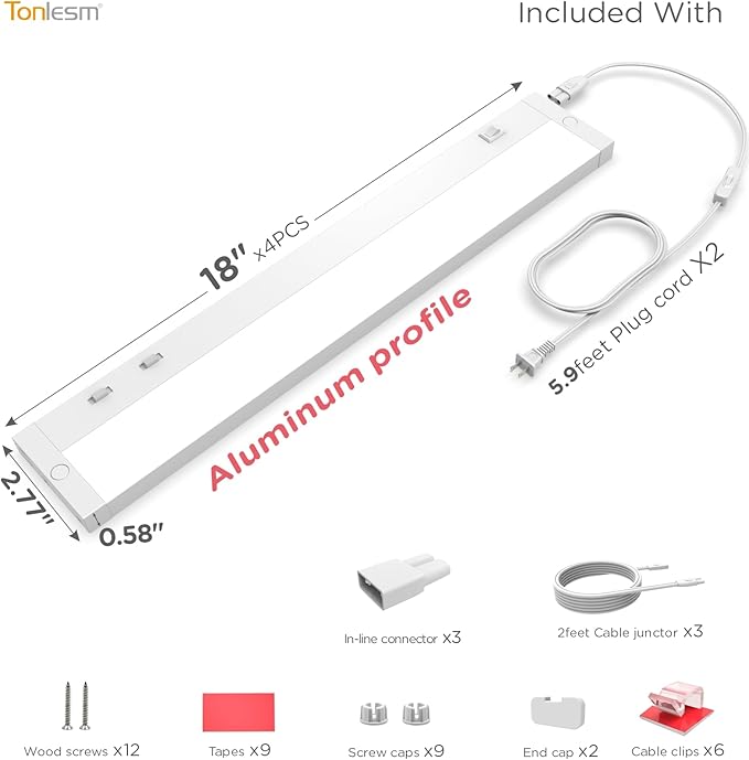 18 Inch Under Cabinet Lighting Plug in, 10W 120V 3 Color 3000K/4000K/5000K, 3 Brightness, Super Bright, Ultra Thin Under Counter Lights for Kitchen, Linkable LED Cabinet Light, White 4 Pack