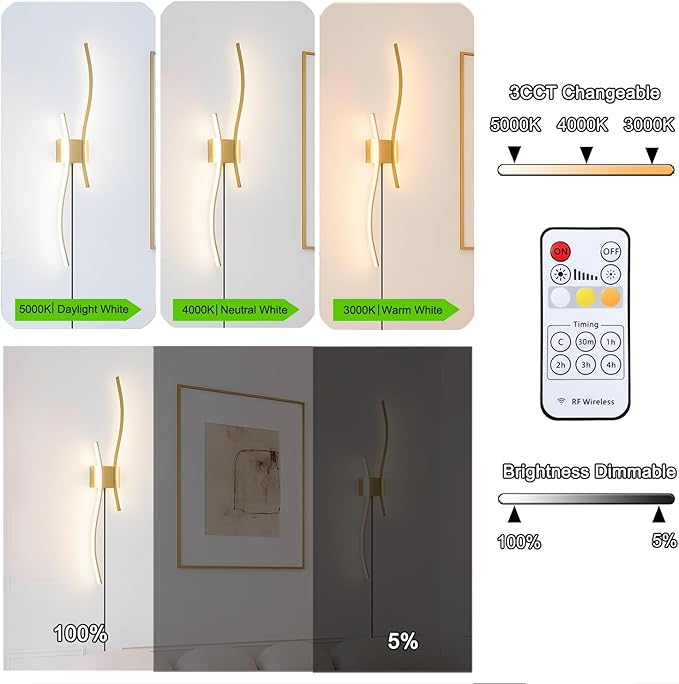 Daunton Modern Gold Plug in Wall Sconces Set of 2 - Smart Dimmable LED Wall Lights with Remote, 3CCT Adjustable & Memory Function, Timer Setting - No Wiring Needed for Living Room, Bedroom, Hallway