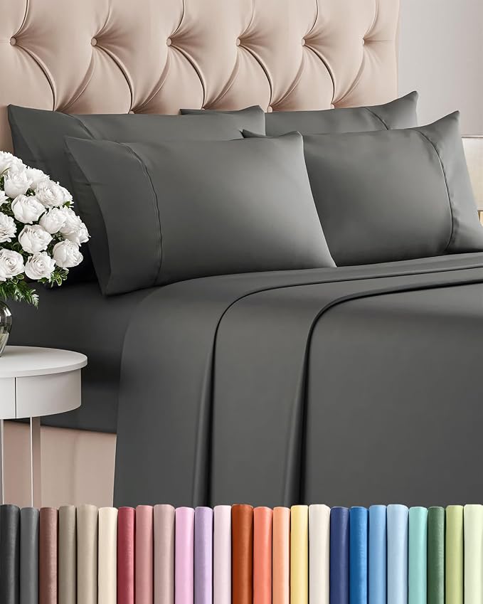 Queen 6 Piece Sheet Set - Comfy Breathable & Cooling - Ultra-Soft Hotel Luxury Bedding Set with 8-16 Inch Deep Pockets - 1 Flat & 1 Fitted Sheet & 4 Pillowcases - Wrinkle Free & Easy Care - Charcoal