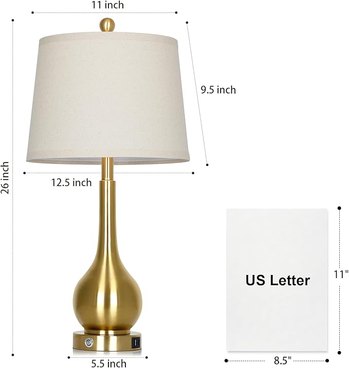Rinweey 26" Gold Lamps Set of 2 for Living Room, Touch Control Table Lamps for Bedroom, 3-Way Dimmable Bedside Lamps for Nightstand with with USB A+C Ports (2 LED Bulbs Included)