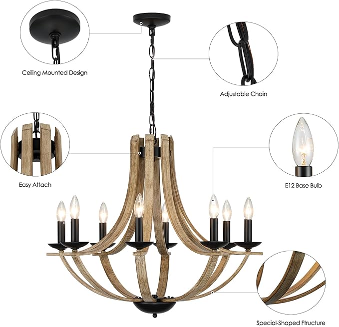LAMPKEDUO Farmhouse Chandeliers for Dining Room Light Fixture, 8-Light 28" Adjustable Height Retro Faux Wood Texture Rustic Light Fixtures for Living Room Bedroom Kitchen Island Foyer Entryway
