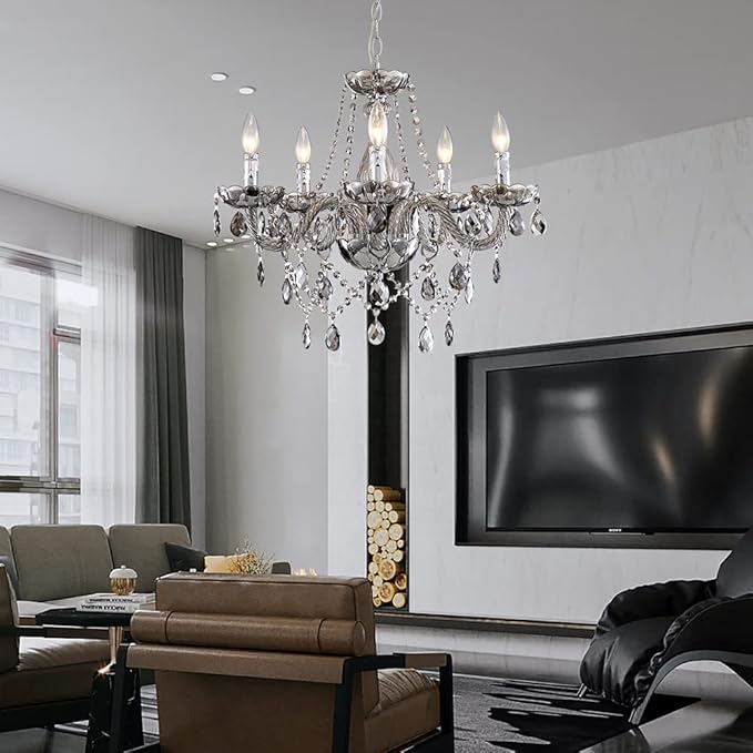 Saint Mossi 5 Light Modern K9 Crystal Chandelier, Contemporary Pendant Ceiling Lighting Fixture for Dining Room,Bedroom,Living Room with Adjustable Chain (Smoky Gray)