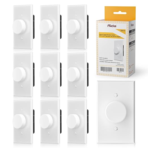 AIDA Digital Light Toggle Dimmer Switch for Dimmable LED, CFL & Incandescent Bulbs, Single Pole/3-Way, Screwless Wall Plate Included, UL Listed, No Neutral Wire, 10 Pack