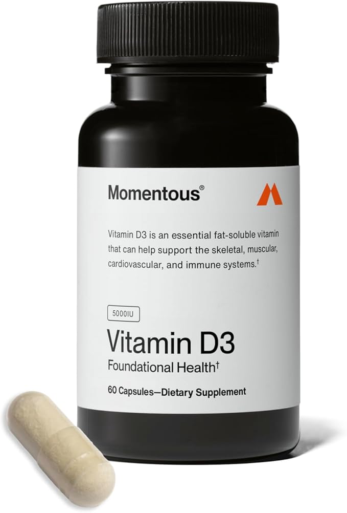 Momentous Vitamine D3 – Complément alimentaire – 5 000 UI Capsules pour un soutien fondamental de la santé – Certifié NSF pour le sport – Sans gluten – 60 portions
