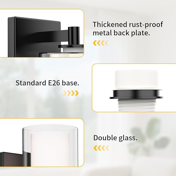 Kalium Wall Sconces Set of Two, Modern Vanity Lights with Double Clear Glass Shade Matte Black Indoor Farmhouse Wall Lights for Bathroom Living Room Bedroom Mirror Hallway Bulb E26 Base (2PCS)