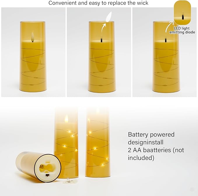 kakoya Flameless LED Candles with Timer 5 Pc Flickering Flameless Candles for Romantic Ambiance and Home Decoration Stable Acrylic Shell,with Embedded Star String，Battery Operated Candles（Gold）