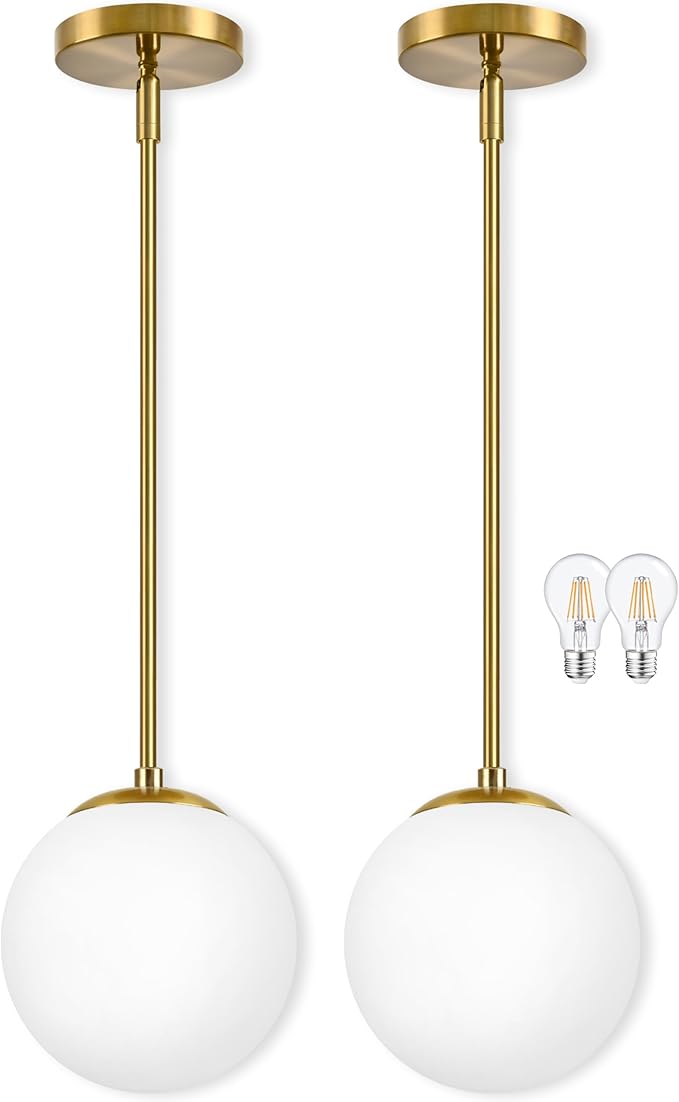 Bagood 8" Globe Pendant Light Gold 2 Pack Mid Century Pendant Light Globe Pendant Lights Kitchen Island Brushed Brass Finished with Milk Glass Adjustable Ceiling Light Fixtures for Dining Room Bar