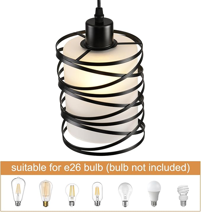 2 Pack Pendant Light Kitchen Island Pendant Lighting, Hanging Light with Spiral Cage Frosted Glass Shade, Black Modern Indoor Hanging Lamp
