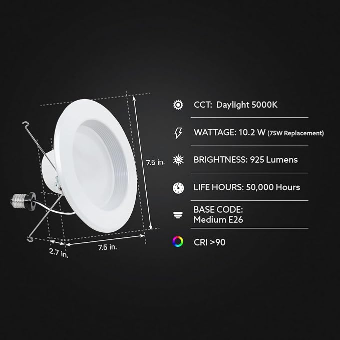 Feit Electric LED Recessed Downlight, fit Most 5-6" Housing Cans, Baffle Trim, Dimmable, 75W Equivalent 10.2W, 925 LM Retrofit kit, 75 Watt, 5000K Daylight, 6-Pack LEDR56B/950CA/MP/6