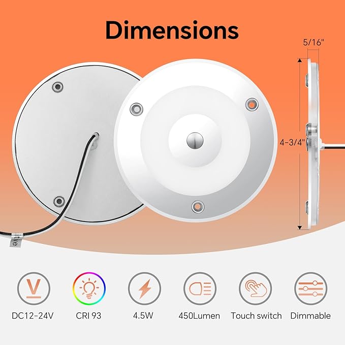 2 Pack 12V LED Ceiling Dome Light 400LM, 4.75" Dimmable Interior Light for RV Boat Camper Van Travel Trailer Truck Sailboat Interior Lighting, Surface Mount & Touch Switch(Cool White)