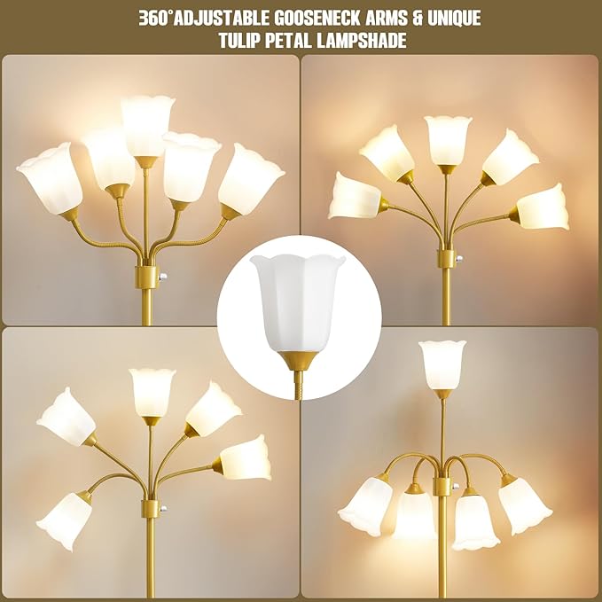 GyroVu Medusa Floor Lamp, Multi Head Modern Tall Lamp with Adjustable Gooseneck Standing Gold Lamps for Living Room Kids Room&Bedroom-5 White Lampshades-Bulb Not Included