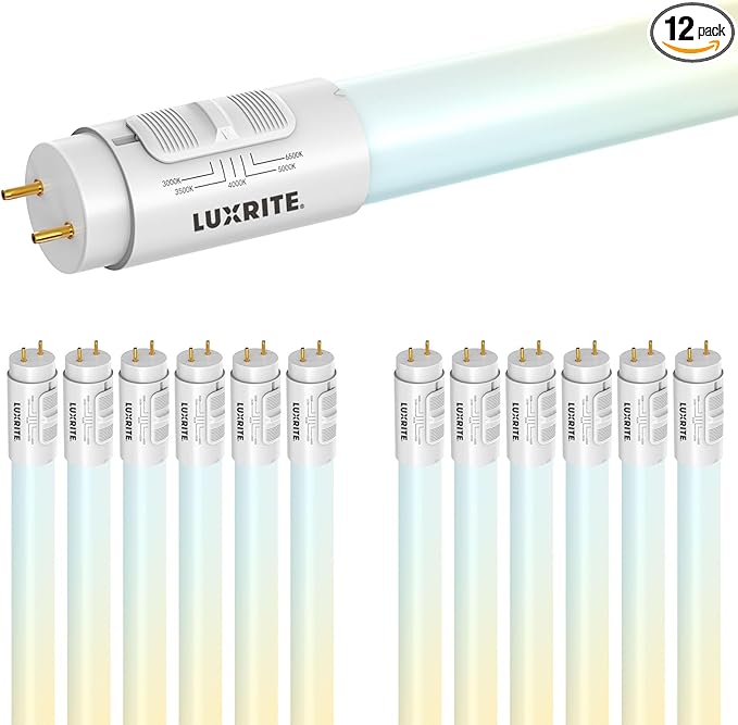 LUXRITE 4FT LED Tube Light, T8, 12W/15W/18W, 5CCT 3000K-6500K, 1620/1950/2250LM, 220°, Ballast Compatible or Bypass, Single/Double End, Fluorescent Replacement Damp Rated UL and DLC Listed (12 Pack)