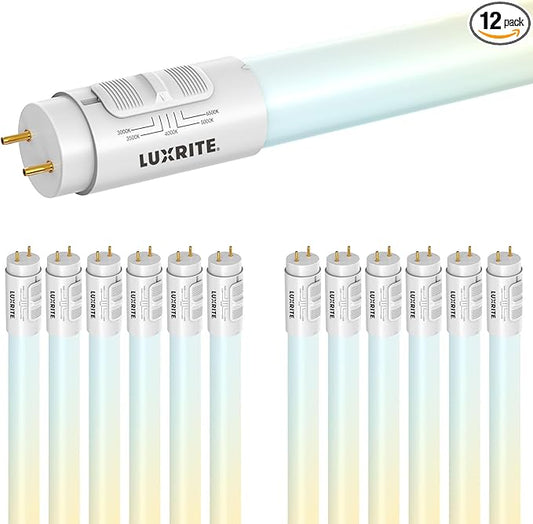 LUXRITE 4FT LED Tube Light, T8, 12W/15W/18W, 5CCT 3000K-6500K, 1620/1950/2250LM, 220°, Ballast Compatible or Bypass, Single/Double End, Fluorescent Replacement Damp Rated UL and DLC Listed (12 Pack)