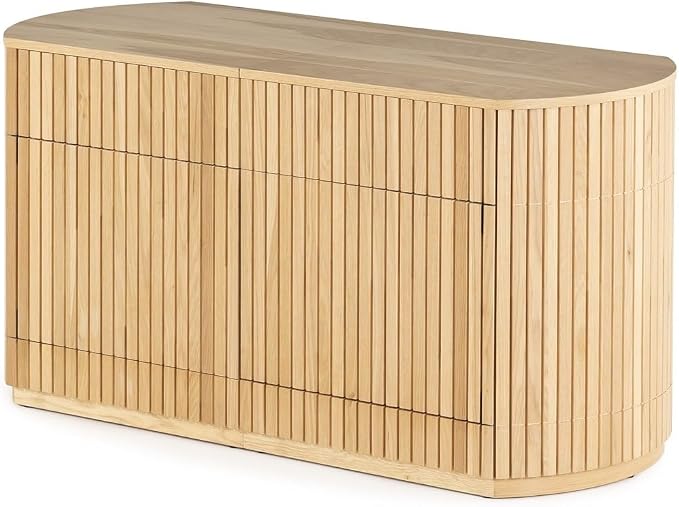 Transformer Table Round Sideboard Buffet Cabinet, Natural | Hidden Drawers, Wood Storage Cabinet, Solid Wood, Integrated Table Panel Storage