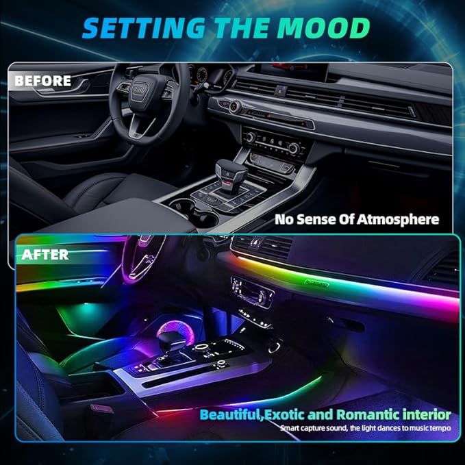 Acrylic Interior Car LED Strip Lights, Colorful 22-in-1 Car Ambient Lighting Kit, with APP Control, 622 LED Fiber Optic Strip Lights for Cars, Supports Neon Sync with Music DIY Mode.