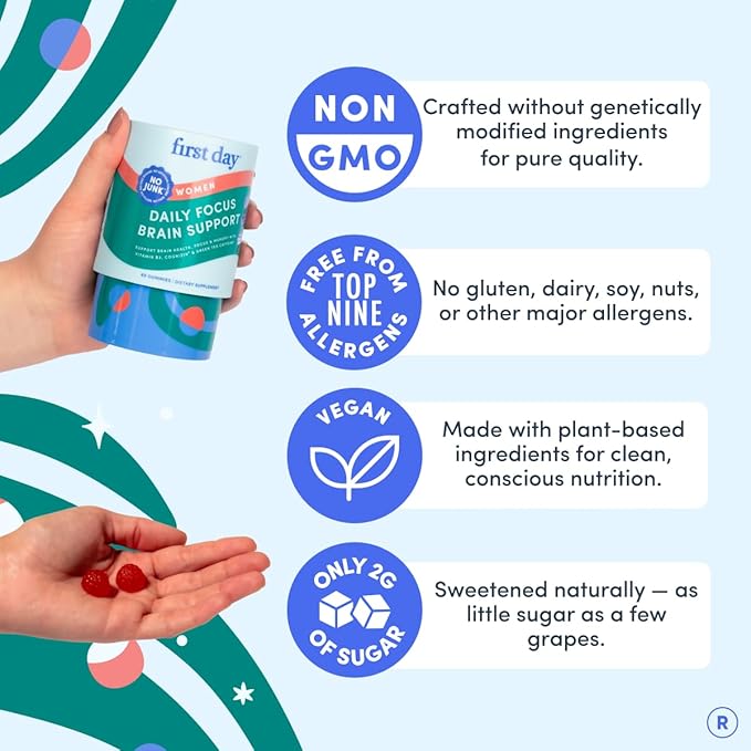 Gummies FIRST DAY pour le cerveau des femmes, pour la concentration, la mémoire et la clarté | Cognizin® Citicoline + Phosphatidylsérine | Énergie naturelle durable, saveur pêche, végétalien, sans OGM | 30 jours de traitement