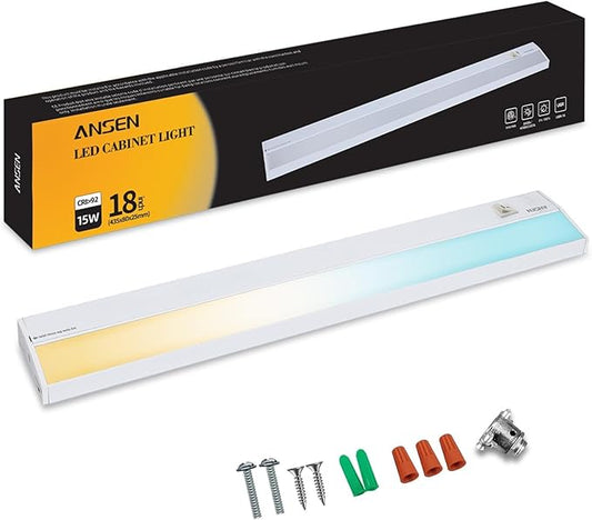 Ansen Hardwired Under Cabinet Lighting, 18inch 15W LED Light for Kitchen/Closet, 998.4lm, CRI>92, R9>90, Dimmable, 5 Color Temperature, 2700K-5000K(Warm White, Cool White, Daylight)