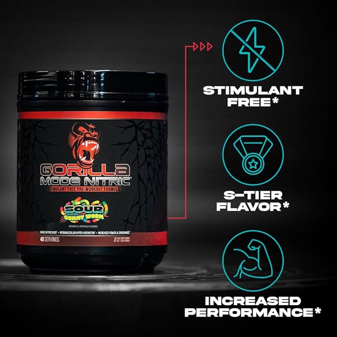 Gorilla Mode Nitric アップグレード版 ノンカフェインプレワークアウト – 最高の味と効果のカフェインフリープレワークアウト／パンプ感・血管拡張・パワーを増強／776g（チェリーブラックアウト）