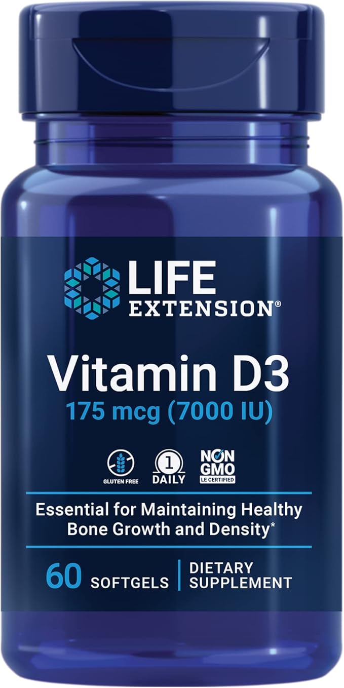 Life Extension Vitamine D3 175 mcg (7000 UI), soutien du système immunitaire, santé des os, performances cérébrales, sans gluten, sans OGM, une fois par jour, approvisionnement de deux mois, 60 gélules molles