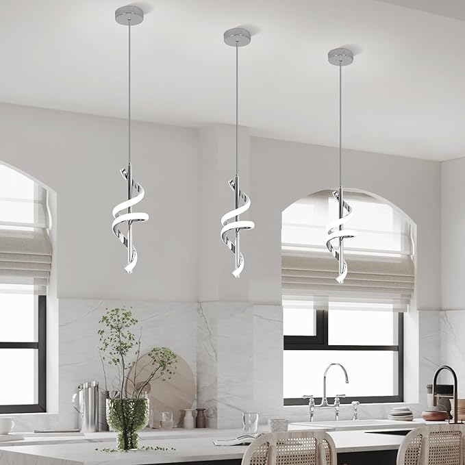 Led Pendant Light Fixtures,6000K Cool White Modern Pendant Lights for Kitchen Island,Adjustable Kitchen Island Light Fixture for Dining Room Bedroom Sink, 1 Pack (Chrome, 2 Packs)