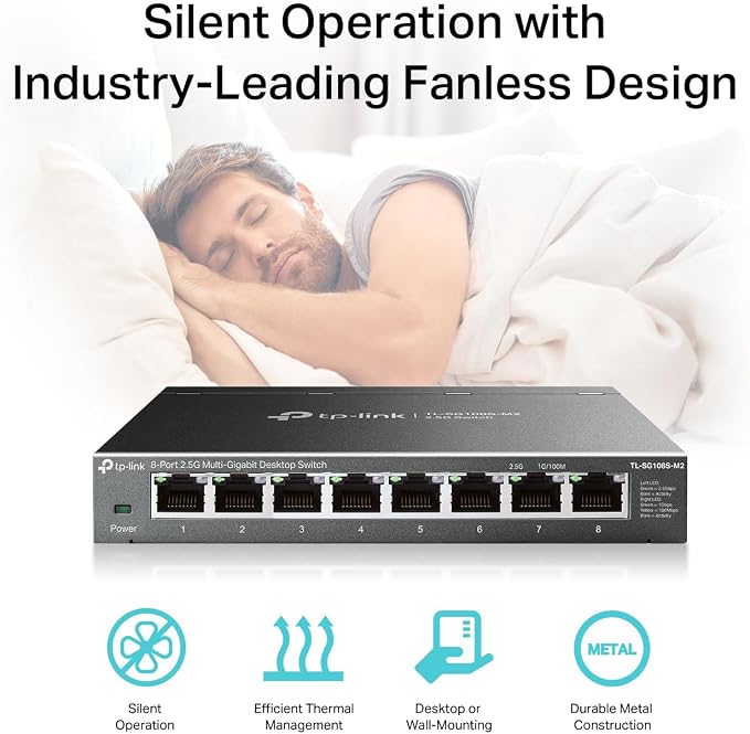 TP-Link TL-SG108S-M2 | 8-Port Multi-Gigabit 2.5G Ethernet Switch | Unmanaged Network Switch | Ethernet Splitter | Plug & Play | Desktop/Wall Mount | Silent Operation