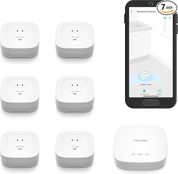 YoLink Water Leak Starter Kit: Hub + 6 Leak Sensor 4 (105 dB Siren), LoRa Long-Range, App/SMS/Email Alerts, D2D Offline, 2 AAA Up to 5-Year Battery, Compatible with Alexa/IFTTT/Home Assistant