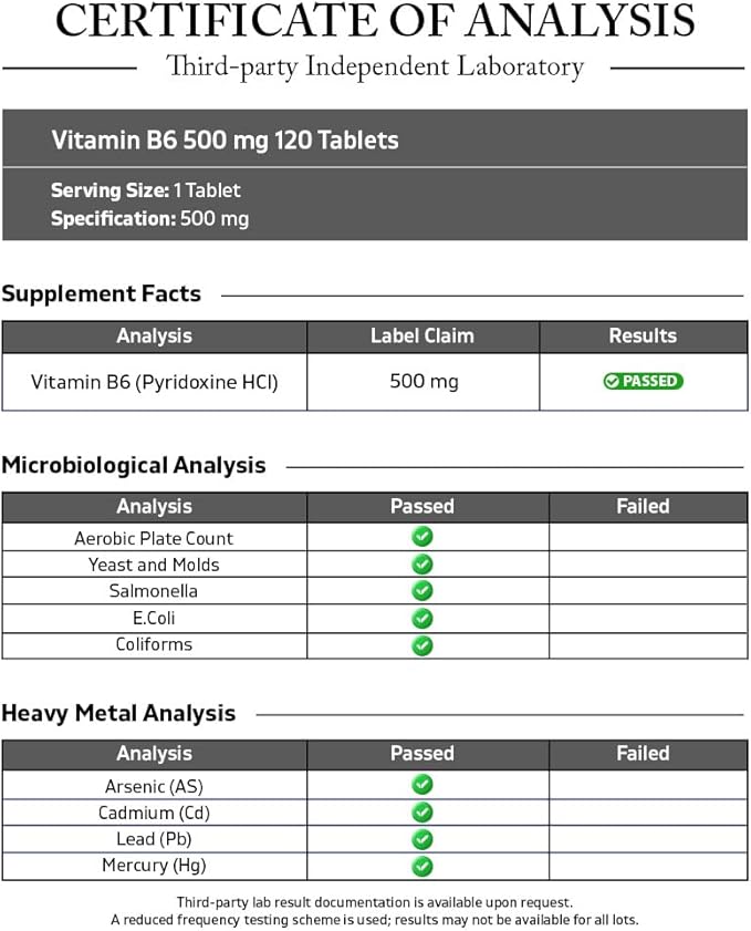 Vitamatic Vitamin B6 (Pyridoxine HCI), 500 mg – 120 Vegetarian Tablets Promotes Energy Production, Boosts Metabolism & Immune Health Support