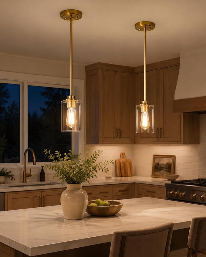 Pendant Lights Kitchen Island, Farmhouse Gold Pendant Lighting with Clear Glass Shade, Kitchen Pendant Lighting Over Island for Dining Room Entryway, AD-22281-1P-GD-C