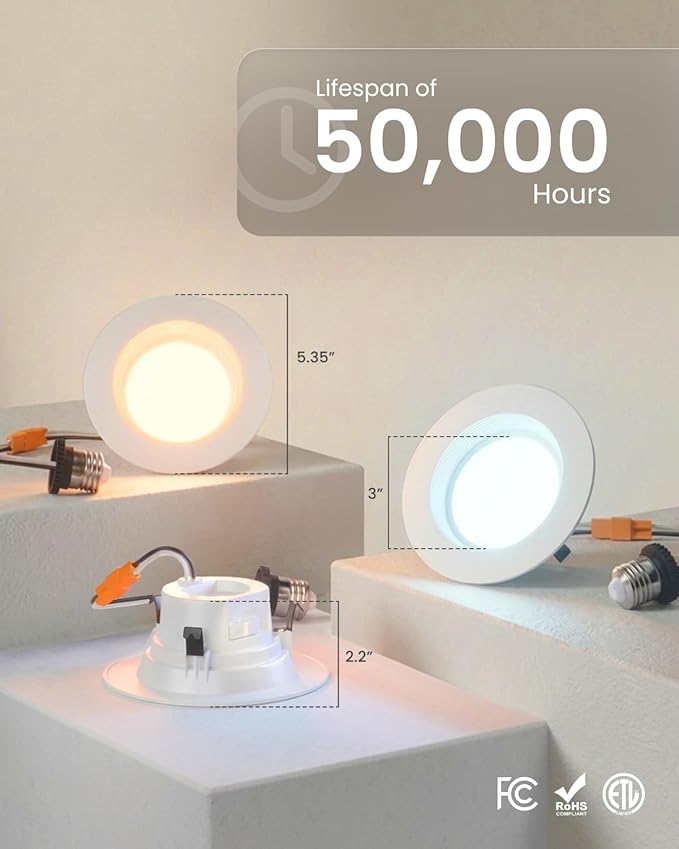 Sunco 6 Pack 4 Inch LED Recessed Lights, 11W 660LM Retrofit Downlight, 5CCT 2700K-5000K, Indoor Dimmable, Baffle Trim, Damp Rated Ceiling Lighting for Kitchen, Bathroom, Bedroom, Energy Star, UL