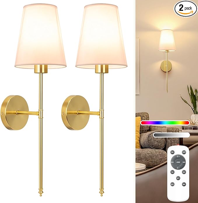 NIORSUN 25.4 inch Battery Operated Wall Sconce Set of 2,Gold Rechargeable Wall Lights with 10400mAh Dimmable Detachable Bulbs and Remote,9 Colors Wireless Sconces for Bedroom Living Room Hallway