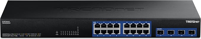 TRENDnet 20-Port 2.5G/Multi-Gig Switch with 10G SFP+ Ports, TEG-S50204, 16 x 2.5G RJ-45 Ports, 4 x 10G SFP+ Ports, 160Gbps, 1U Rack Mountable, NDAA TAA Compliant, Lifetime Protection, Black