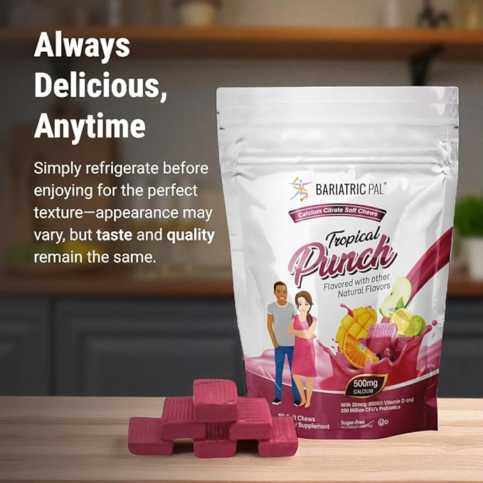 BariatricPal Chews tendres sans sucre au citrate de calcium | 500 mg avec vitamine D et probiotiques | Punch tropical | 90 comprimés (1 mois d'approvisionnement)