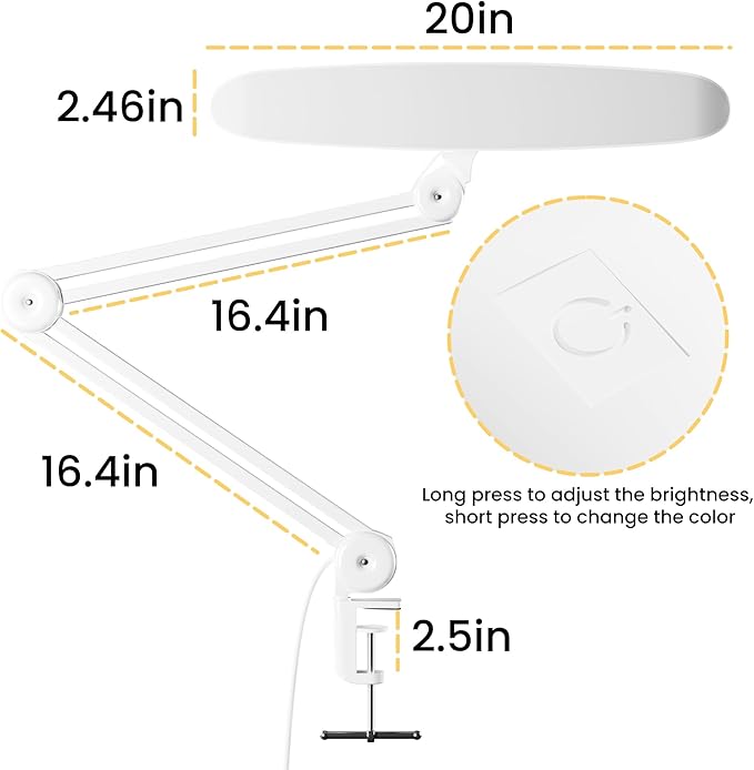 3000 Lumens Adjustable LED Desk Lamp & Task Lamp - Bright, Dimmable Lighting for Office, Crafts, Nails &Salon with Clamp kunzl (CCT, White)