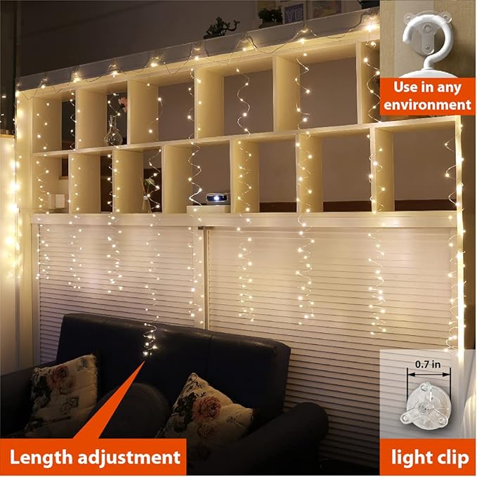 ZSJWL 2 Pack Curtain Lights, 300 LED Curtain Fairy Light with Remote, 8 Modes 9.8 × 9.8 Ft Twinkle String Lights, USB Plug in Copper Wire Lights for Bedroom Window Chrismas Wedding Party, Warm White
