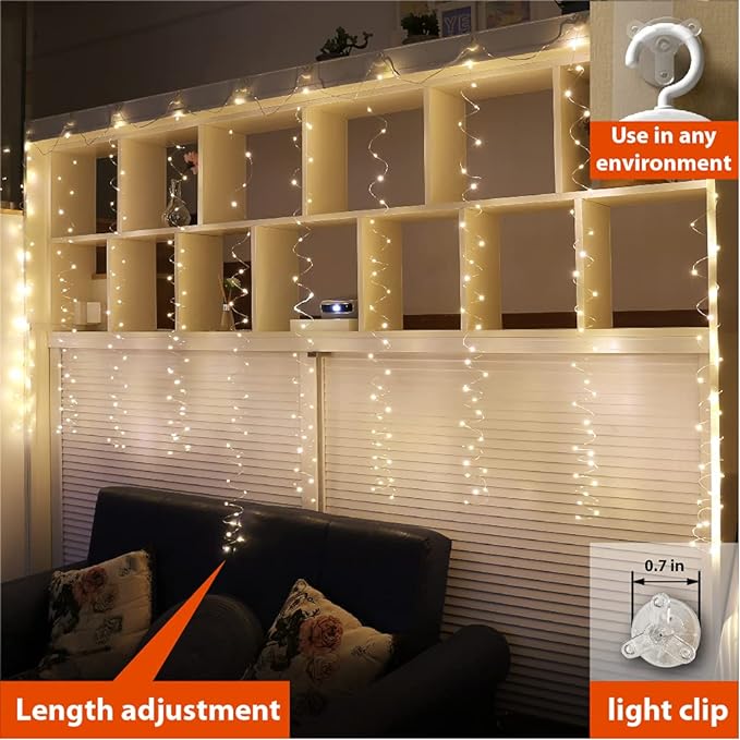 ZSJWL 300 LED Curtain Fairy Lights with Remote, 8 Modes 9.8 × 9.8 Ft Curtain String Light USB Plug in, Twinkle Silver Wire Lights for Bedroom Window Chrismas Wedding Party, Warm White