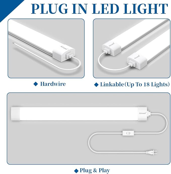 Airand Utility LED Shop Light Fixture 2FT with Plug, Linkable led Tube Light 5000K Under Cabinet Lighting,1800 LM LED Ceiling and Closet Light 18W, Corded Electric with ON/Off Switch