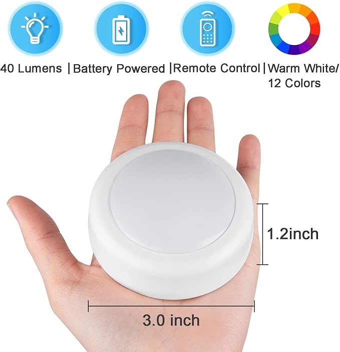 BLS LED Puck Lights with Remote Control, Wireless Under Cabinet & Closet Lighting, RGB 13 Color Changing Lights with Dimmer, Timer & AA Battery Operated, Push, Touch, Stick on for Night, White, 6 Pack