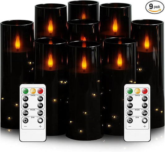 kakoya Flameless LED Candles with Timer 9 Pc Flickering Flameless Candles for Romantic Ambiance and Home Decoration Stable Acrylic Shell,with Embedded Star String,Battery Operated Candles（Black）