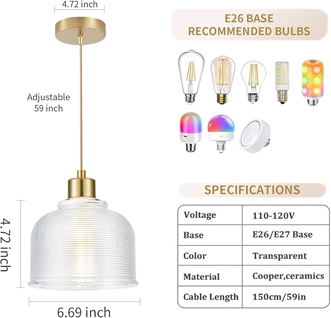 WimiSom 2Pack Industrial Pendant Lighting, Modern Clear Glass Shade Farmhouse Adjustable Hanging Light Fixtures for Kitchen Island Living Room Bedroom Hallway Gold and Clear
