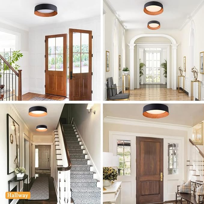 Bargeni Kitchen Flush Mount Ceiling Light, Black Wood Ceiling Light Fixture | 13" ETL-listed dimmable 18W LED ceiling light with 3000K warm white glow, ideal for kitchen, bedroom and hallway lighting