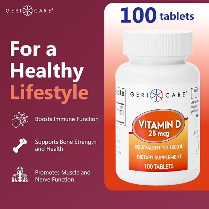 Comprimés de vitamine D 25mcg GeriCare, favorise la santé des os et le soutien immunitaire, complément alimentaire, 100 unités (Paquet de 2)