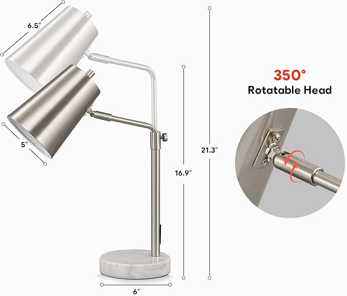 VONLUCE 20" Desk Lamp with LED Bulb, Metal Table Lamp Marble Base, Mid Century Modern Reading Lamp Office, Industrial Task Lamp Work Lamp for Reading Bedroom, Nickel