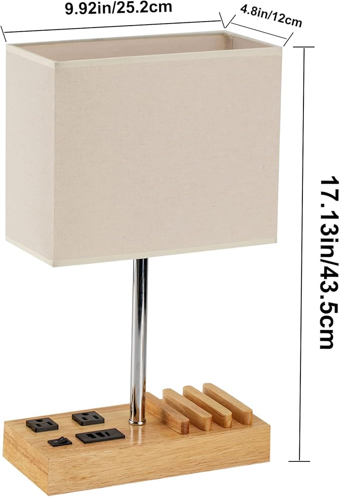Briever USB Table Lamp, Multi-Functional Desk Lamp with 2 AC Outlets, Bedside Lamp with 3 USB Charging Ports and Wooden Phone Stands, Nightstand Lamp for Bedroom, Livingroom, Office, Natural Wood